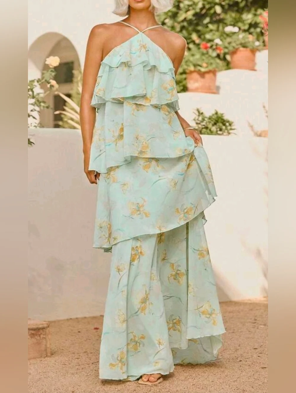 New Tiered Chiffon Ruffle Halter Maxi Dress Backless Floral Green - Picture 2 of 10